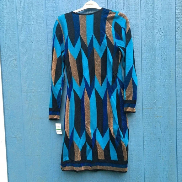 NWT INC Concepts Women's Size Large Blue Gold Long Sleeve Wrap Sweater Dress - Picture 7 of 7